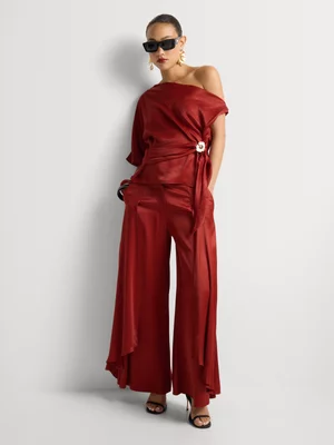 Luella Satin Flowing Wide-Leg Ruffle Trousers