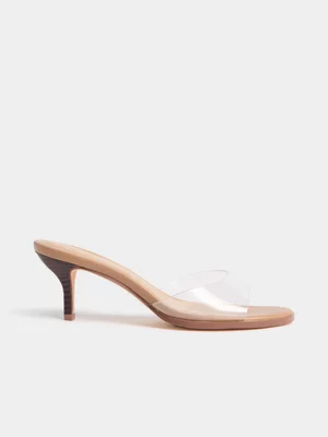 Clear Strap Wood Stack Kitten Heels
