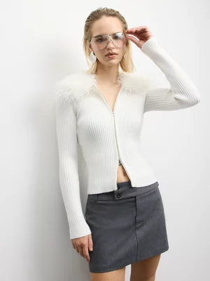 The FIX Women's Milk Knit With Fur Zip Thru Cardigan
