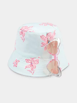 Girl's Blue Floral Bucket Hat & Heart Sunglasses Set