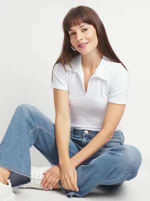 Women's White Seamless Johnny Collar Top