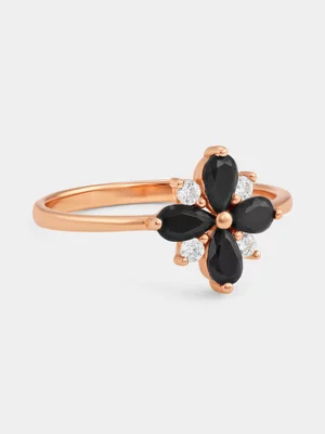 Rose Plated Sterling Silver Black Cubic Zirconia Flower Ring 
