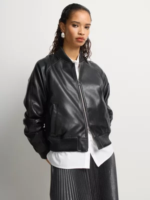 Pleather Raglan Sleeve Bomber Jacket