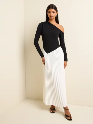 Women's Iconography Contrast Fabric Mix Pleated Dress Black & Cream