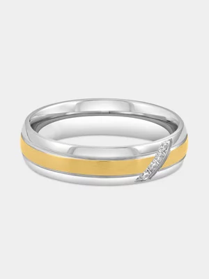 Two-Tone Stainless Steel Cubic Zirconia Diagonal Ring