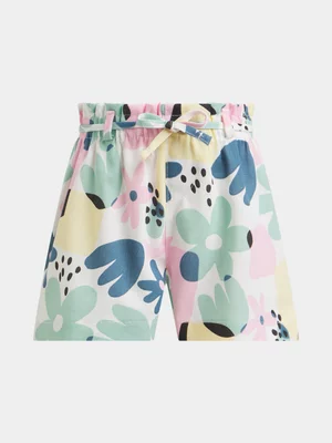 Exact Older Girl's White Floral Print Paperbag Shorts