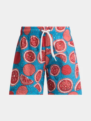 Exact Younger Boy's Blue Textured Orange Print Swim Shorts 