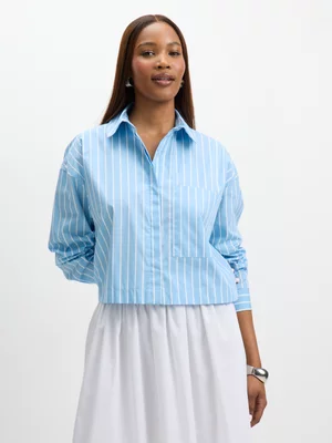 Exact Women's Blue Striped Cropped Boxy Shirt
