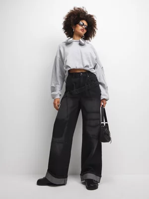 The FIX Women's Charcoal Wide Leg Jeans With Pocket Stitch