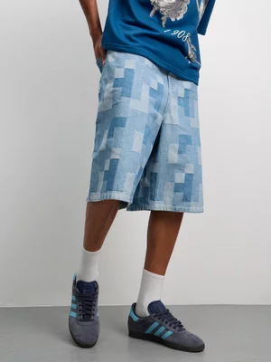 The FIX Men's Light Wash Denim Shorts With Check Print