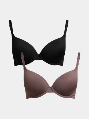 Jet Women's 2 Pack Black and Taupe T-shirt Bra