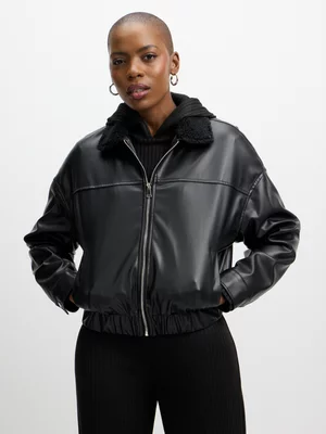 Jet Women’s Black Pu Sherpa Collar Biker Jacket
