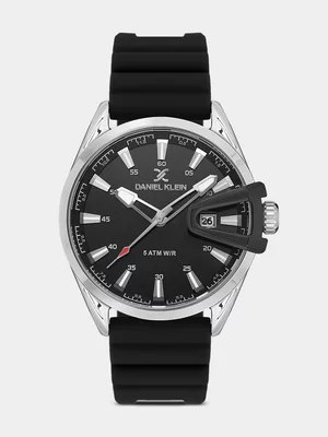 Daniel Klein Silver Plated Black Dial Black Silicone Watch 