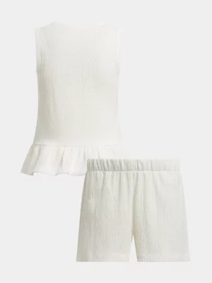 Exact Older Girl's White Textured Peplum Top & Shorts Set