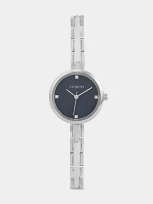 Tempo Silver Plated Navy Dial Skinny Bangle Watch 