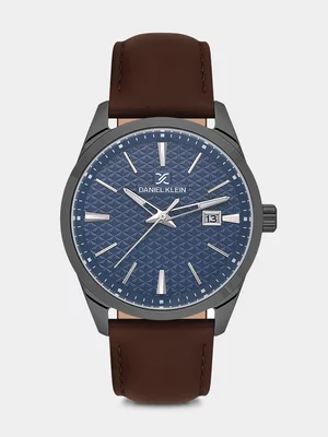 Daniel Klein Gunmetal Plated Blue Dial Brown Leather Watch 