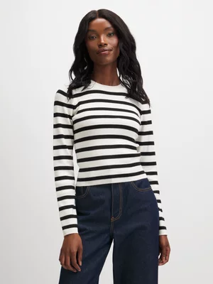 Exact Women's White & Black Striped Knit Top