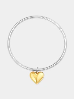 Gold Plated Sterling Silver Heart Dangly Bangle 