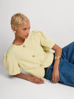 Button Through Puff Sleeve Shell Top