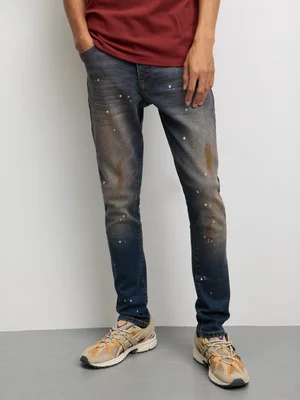 Redbat Men's Dark Blue Brown Paint Super Skinny Jeans