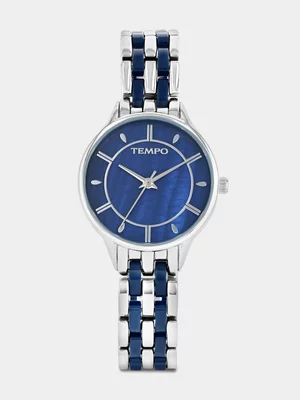 Tempo Silver Plated Blue Acetate Blue Mother Of Pearl Dial Bracelet Watch 