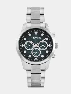 Tempo Silver Plated Teal Dial Chrono-Look Bracelet Watch 