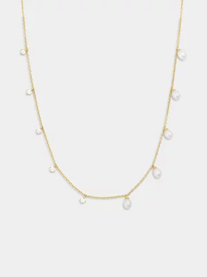 Gold Plated Sterling Silver Freshwater Pearl & Cubic Zirconia Station Chain