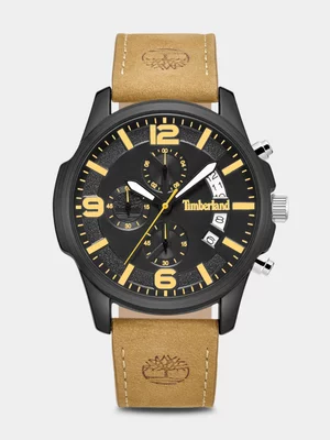 Timberland Black Plated Black Dial Tan Leather Watch 