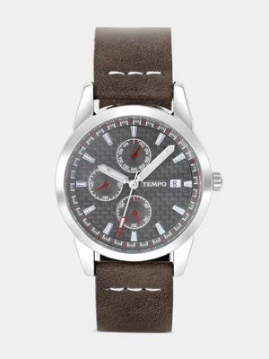Tempo Silver Plated Grey Dial Brown Leather Watch