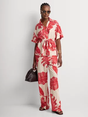 Co-Ord Linen Blend Palm Print Wide Leg Pants