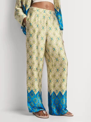 Wide Leg Satin Border Print Pants