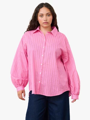 Women's Me&B  Pink Stripe Bellow Sleeve Shirt