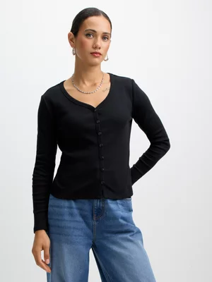 Exact Women's Black Button Through Rib Top