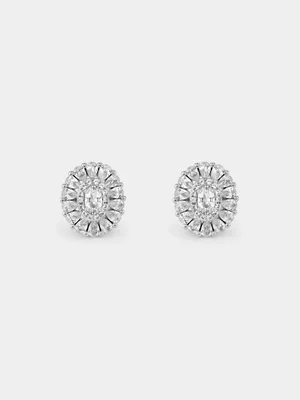 Sterling Silver White Sapphire Oval Petal Halo Stud Earrings