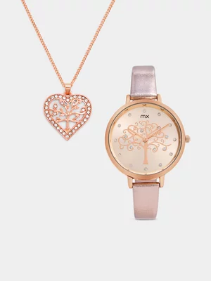 MX Women’s Rose Plated Light Brown Faux Leather Watch & Tree Of Life Pendant Set 