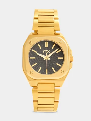 MX Gold Plated Textured Black Dial Square Bracelet Watch 