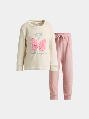 Jet Younger Girls Cream Pink Butterfly Velour Pyjama Set