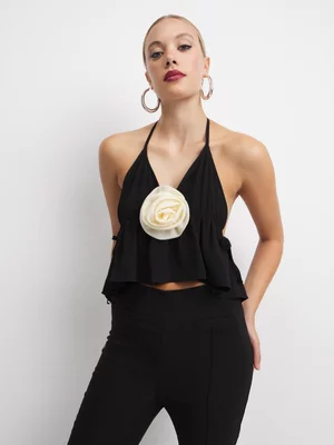 The FIX Women's Black Strappy Top With Flower Detail