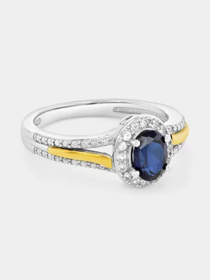 Yellow Gold & Sterling Silver Blue Sapphire Oval Halo