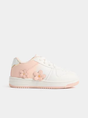 Jet Younger Girls White Pink Flower Court Sneaker