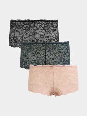 Jet Women’s 3 Pack Petrol, Black & Blush Lace Boyleg