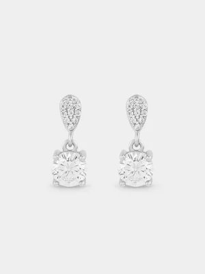 Sterling Silver White Cubic Zirconia April Birthstone Round Drop Earrings