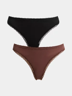Exact Women's Black & Brown 2-Pack Rib Lace Thongs