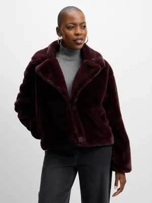 Jet Women's Burgundy Crop Fur Jacket 