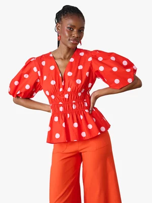 Women's Me&B Red Cotton Top with Pink Spots