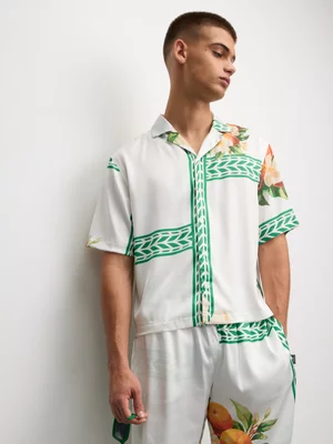 The FIX Men's White & Green Co-Ord Floral Resort Satin Shirt