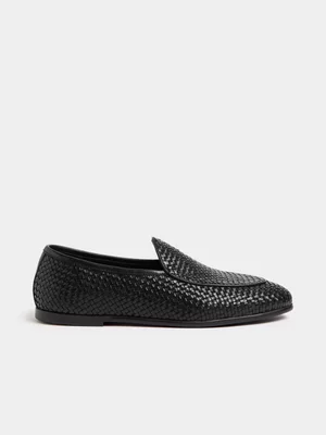 Fabiani Men's Black Leather Unstructured Woven Loafer