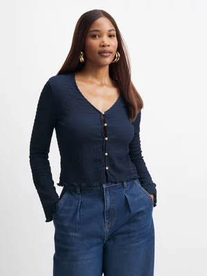 Exact Women's Navy Textured Button Through Top