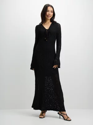 Jet Women’s Black Long Sleeve Lace Textured Maxi Dress