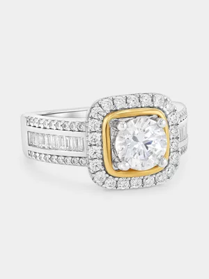 Yellow Gold & Sterling Silver Cubic Zirconia Cushion Halo Ring